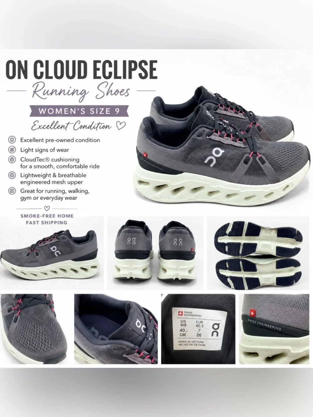 On Running Cloud Eclipse Women's Running Shoes — Gray/White